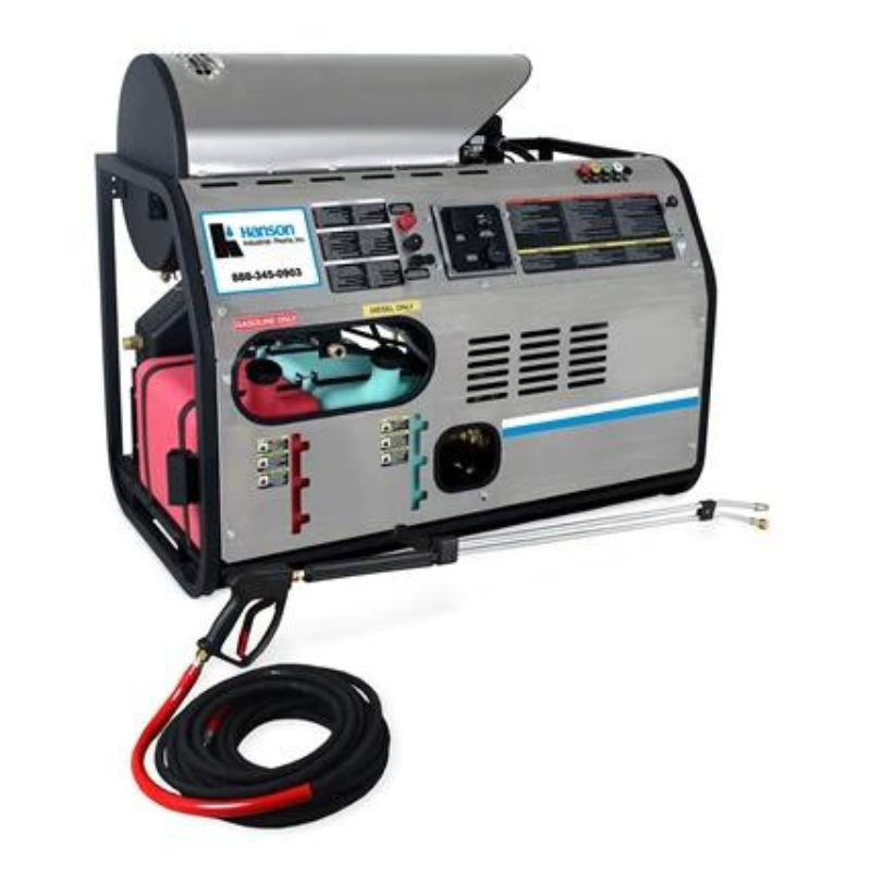 Picture showing the HDB Series Hot Water Pressure Washer including hose, wands and nozzle connections.