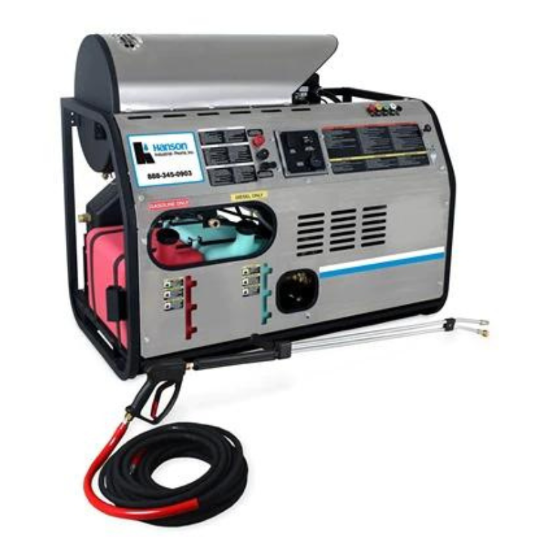 Picture showing the HDB Series Hot Water Pressure Washer including hose, wands and nozzle connections. 